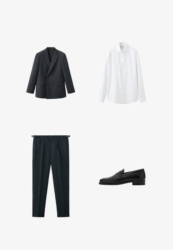 Veste croisée gris foncé à revers crantés, avec deux poches avant et boutons noirs, confectionnée dans un tissu texturé pour une apparence formelle.; Chemise blanche à manches longues avec boutons, col pointu et poignets, affichée sur fond blanc.; Pantalon noir sur mesure avec bandes d’ajustement latérales, fermeture à boutons au devant et ourlets retroussés.; Mocassin penny en cuir noir avec talon bas, bout arrondi et une bride sur la partie supérieure de la chaussure.
