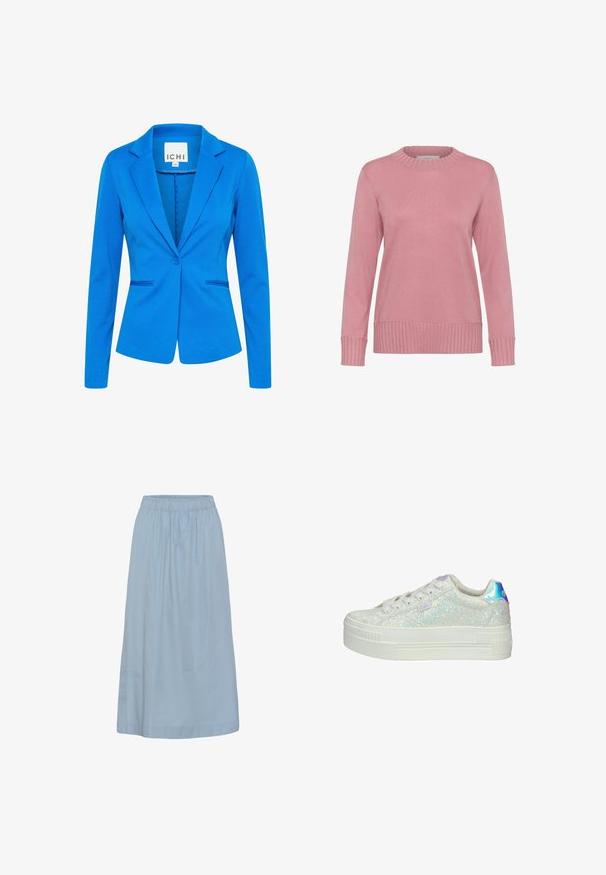 Blå tætsiddende blazer lavet af struktureret stof. Har en spids revers, enkelt knaplukning og to frontlommer med diskret syning.; Lyserød langærmet crewneck trøje med ribbede manchetter og kant, vist på en hvid baggrund.; Lys blå, knælængde nederdel med elastisk linning og en løs, let rynket pasform. Ingen synlige mønstre eller ekstra detaljer.; Hvide platform sneakers med en glitrende overdel, rund tå og iriserende hæl accenter. Snørelukning med struktureret gummisål.