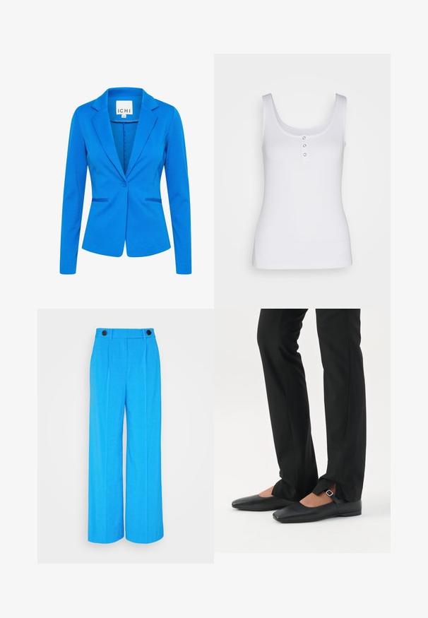 Blå tætsiddende blazer lavet af struktureret stof. Har en spids revers, enkelt knaplukning og to frontlommer med diskret syning.; Hvid tanktop lavet af ribbet stof, med en scoop halsudskæring og tre metalliske trykknapper foran. Glat tekstur, tætsiddende pasform.; Lysblå brede bukser med skarpe foran folder, to sorte knapper i taljen og en glat stofstruktur.; Ben iført sorte smalle bukser med forreste slidser ved kanten, parret med sorte flade Mary Jane-sko med lille spænde.