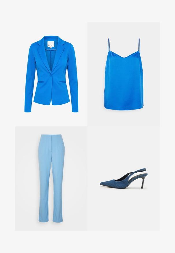 Blå tætsiddende blazer lavet af struktureret stof. Har en spids revers, enkelt knaplukning og to frontlommer med diskret syning.; IVY OAK BRIDAL TILDA - Top - blue; Vero Moda Tall VMKIRALOA TAPERED SOLID PANT - Bukser - little boy blue; Blå denim slingback hæle med spidse tåer, prydet med en slank sort hæl og en tekstureret stofoverdel. Åben rygdesign.