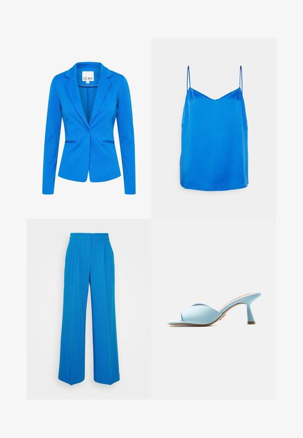 Blå tætsiddende blazer lavet af struktureret stof. Har en spids revers, enkelt knaplukning og to frontlommer med diskret syning.; IVY OAK BRIDAL TILDA - Top - blue; 2nd Day MILLE DAILY SLEEK - Bukser - 184247 brilliant blue; Lyseblå mule med åben tå, brede krydsede stropper og en udvidet mellemhøj hæl vist i profil mod hvid baggrund.