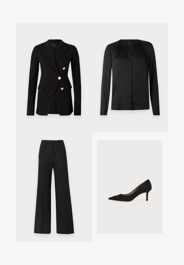 Schwarzer Blazer aus glattem Stoff mit taillierter Passform, der ein doppelt knöpfbares Design und goldfarbene Knöpfe aufweist. Verfügt über Seitentaschen.; Schwarze Bluse mit langem Arm aus glattem Stoff, Rundhalsausschnitt und dezenten Falten an den Schultern. Besitzt einen geraden Schnitt und eine Knopfleiste.; Schwarze weite Hosen mit maßgeschneidertem Design, das eine glatte Textur und subtile Falten an der Vorderseite aufweist. Keine sichtbaren Beschläge oder Muster.; Schwarzer Wildleder-Pumps mit spitzer Zehenpartie, mittelhohem Stilettoabsatz und hellbrauner Innensohle auf hellem Hintergrund.