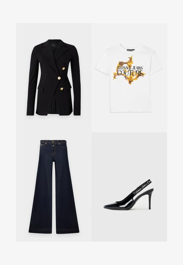Zwarte blazer van gladde stof met een getailleerde pasvorm, met een dubbele knoopsluiting en knopen in goudkleur. Inclusief zijzakken.; Witte katoenen T-shirt met een gouden en bruine barokprint, met "VERSACE JEANS COUTURE" prominent weergegeven in zwarte letters.; Donkerblauwe wijde denim jeans met knoop- en ritssluiting aan de voorkant, voorzakken en contrasterende stiksels.; Zwarte patenten leren slingback hak met een puntige neus, met een uitsnijding en een elastische band met het merknamen erop.