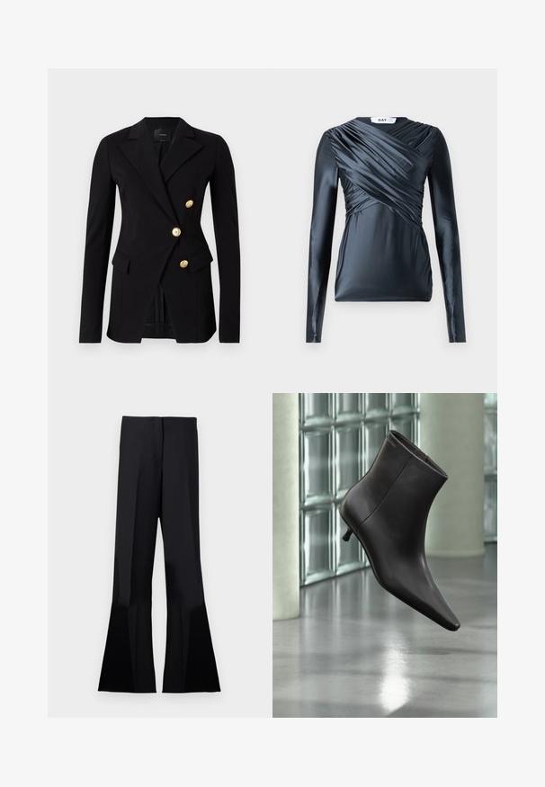 Blazer negro de tela suave con un corte ajustado, que presenta un diseño de doble botonadura y botones en tono dorado. Incluye bolsillos laterales.; Top de manga larga en satén de un oscuro tono marino, con detalles gather en la parte frontal y una textura suave, que presenta un escote redondo y una silueta ajustada.; Pantalones negros acampanados con una textura suave, que cuentan con una cintura alta y pliegues marcados que se extienden hasta las aberturas acampanadas de la pierna.; Bota de cuero negro para el tobillo con puntera puntiaguda y tacón pequeño, exhibida frente a una pared de bloques de vidrio y un suelo pulido.
