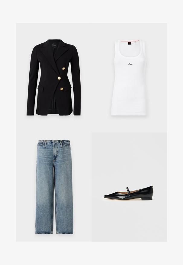 Sort blazer lavet af glat stof med en skræddersyet pasform, der har et dobbeltradet design og knapper i guldfarve. Inkluderer sidelommer.; Hvid bomulds tanktop med ribbet tekstur, der har en rund halsudskæring og et lille sort broderet logo på forsiden.; Lyst blå brede jeans lavet af denim, med en mellemhøj talje, klassisk fem-lomme design og subtil udtynding i hele stoffet.; Sorte patenterede læder Mary Jane flade sko med spids tå, én rem og lav hæl på ensfarvet baggrund.