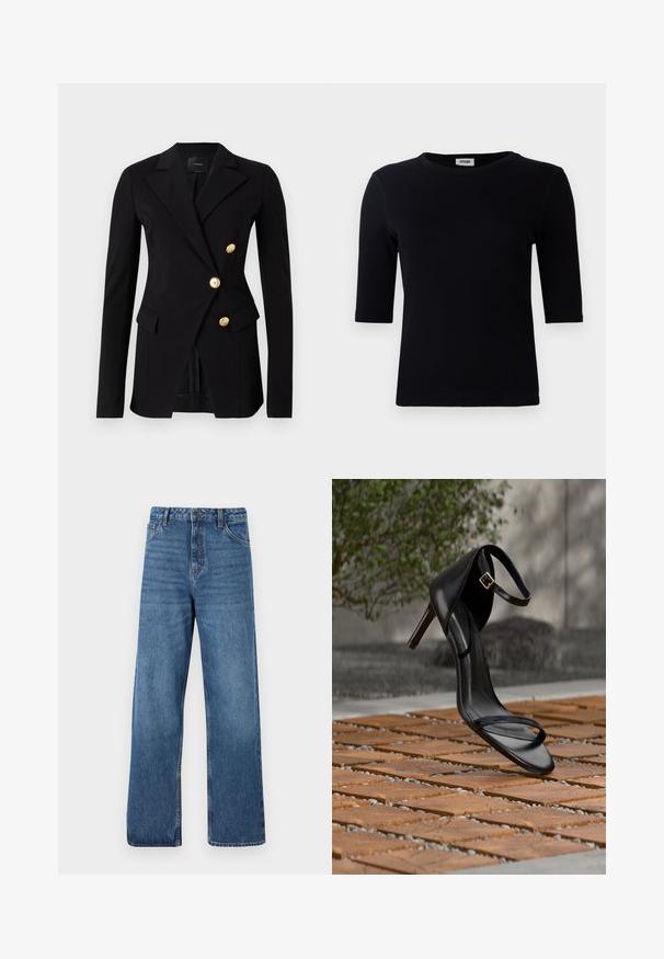 Sort blazer lavet af glat stof med en skræddersyet pasform, der har et dobbeltradet design og knapper i guldfarve. Inkluderer sidelommer.; Sort ribbet t-shirt med rund halsudskæring og trekvart ærmer. Stoffet har en glat tekstur og lige kant. Ingen synlig branding.; Blå højttaljede denimjeans med vide ben, der har en glat tekstur, minimale syningsdetaljer og en klassisk fem-lomme-stil.; Sort højhælet sandal med ankelsnor, der ser ud til at svæve over et trægulv udendørs med sløret grønt og sten i baggrunden.