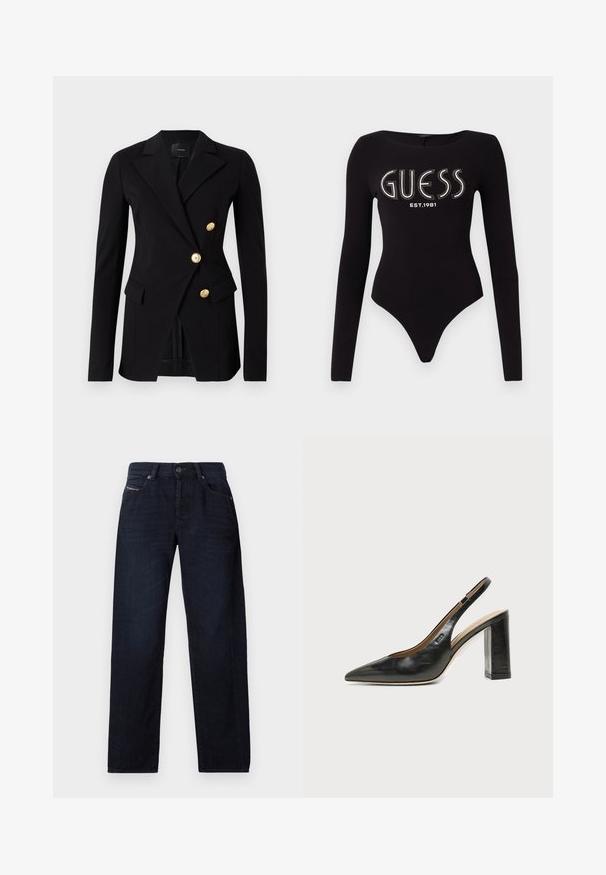 Zwarte blazer van gladde stof met een getailleerde pasvorm, met een dubbele knoopsluiting en knopen in goudkleur. Inclusief zijzakken.; Zwart langemouwen bodysuit met een ronde halslijn, met "GUESS" in rhinestones en "EST.1981" in het wit, gemaakt van rekbaar materiaal.; Donkerblauwe rechte jeans met voorzakken, riemlussen en knoopsluiting, plat gelegd op een witte achtergrond.; Zwarte leren slingback schoen met spits toelopend neusje, hoge blokhak en beige binnenvoering tegen een effen lichte achtergrond.