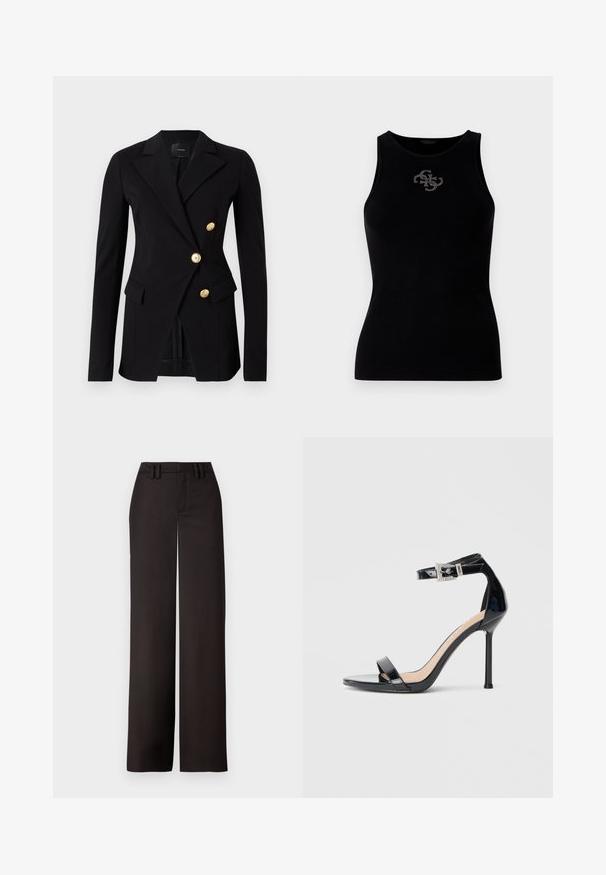 Sort blazer lavet af glat stof med en skræddersyet pasform, der har et dobbeltradet design og knapper i guldfarve. Inkluderer sidelommer.; Sort ribbet tank top med rund udskæring og et logo prydet med sølvfarvede nitter på forsiden. Blødt, strækbart stof.; Sorte vidde bukser med flad front, bæltesløjfer og en glat tekstur, designet til en skræddersyet pasform. Ingen synlig hardware eller mønstre.; Sort højhælet sandal i laklæder med ankelrem. Har minimalistisk design, åben tå og spænde med rhinsten-detaljer.