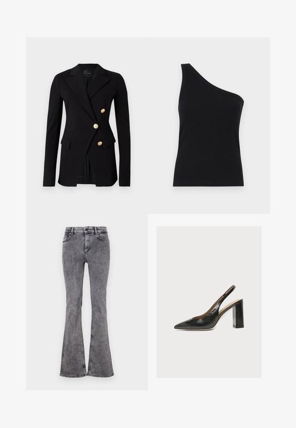 Sort blazer lavet af glat stof med en skræddersyet pasform, der har et dobbeltradet design og knapper i guldfarve. Inkluderer sidelommer.; Løsningstanktop med en skulder i sort ribbet stof, der har et tætsiddende design og blød tekstur. Har en ren, minimalistisk skæring og en glat halsudskæring.; Udfoldede sorte jeans lavet af denim med en falmet vask, der har fem lommer, lynlås og kontrastsyninger langs sømmene.; Sort læder kvindesko med slingback, spids tå og tyk blokhøj hæl på hvid baggrund.