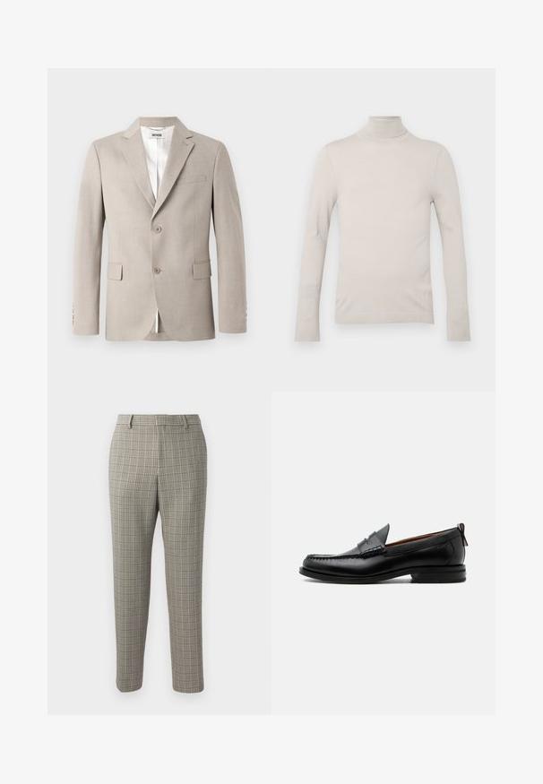 Beige blazer med notch-lapel, to knapper, brystlomme og klaplommer. Fremstillet af struktureret stof med hvid foring.; Lys beige turtleneck sweater lavet af glat stof, med lange ærmer og en figursyet design, samt en ribbet halsudskæring og manchetter.; Bukser i en lys beige stof med et ternet mønster i mørkebrun og marineblå, med lige snit og standart talje.; Sort læder herre loafer med moc-tå syning, penny strop, struktureret krave og lav stablet hæl på hvid baggrund.