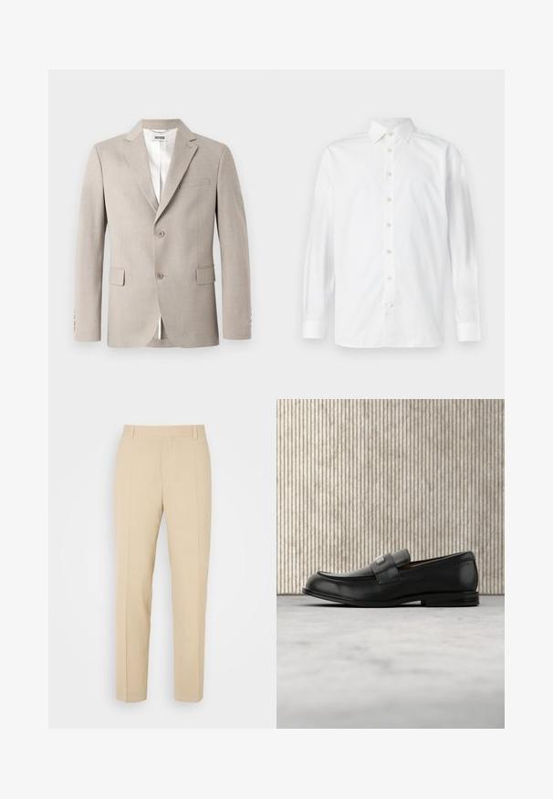 Beige Blazer mit Reverskragen, zwei Knöpfen, Brusttasche und Klapptaschen. Hergestellt aus strukturiertem Stoff und mit weißem Futter.; Weißes langärmeliges Hemd mit Knopfleiste, verbreitetem Kragen und geknöpften Manschetten, auf weißem Hintergrund dargestellt.; Beige maßgeschneiderte Hosen mit geradem Bein, aus leichtem Stoff, mit zwei vorderen Taschen und ordentlich gebügelten Falten.; Schwarzer Lederloafer mit einer Metallmarkenplatte, der nahe einem braunen runden Tisch auf beigem Teppichboden ruht.
