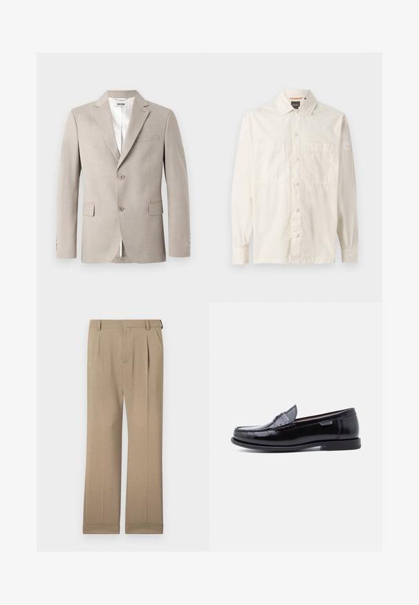 Beige Blazer mit Reverskragen, zwei Knöpfen, Brusttasche und Klapptaschen. Hergestellt aus strukturiertem Stoff und mit weißem Futter.; Beige Langarmshirt aus leichtem Stoff, mit durchgängigem Knopfverschluss, zwei Brusttaschen und einem Markenetikett am Ärmel.; Beige Hosen aus leichtem Stoff, mit einem geraden Schnitt, doppelten Falten und umgeschlagenen Säumen für eine lässige Passform.; Schwarze Leder-Loafer mit glänzendem Finish, mit einer gesteppten Verzierung auf der Zehenpartie und einer niedrigen, strukturierten schwarzen Gummisohle.