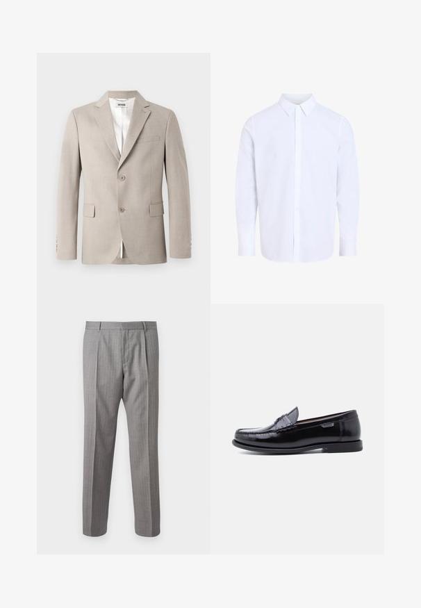 Beige blazer med notch-lapel, to knapper, brystlomme og klaplommer. Fremstillet af struktureret stof med hvid foring.; Hvid, langærmet skjorte med knapper, klassisk krave, lavet af glat stof, med knapstolpe foran og afrundet kant.; Grå, stribede bukser med skræddersyet pasform, der har foranfald, bæltestropper og en glat struktur. Lige ben design, rene manchetter.; Sorte læderloafer med en blank finish, der har et syet mønster på tåen og en lav, tekstureret sort gummisål.