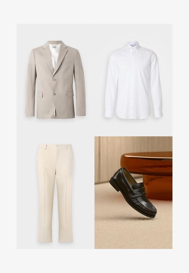 Beige blazer met notch-revers, twee knopen, een borstzak en klepzakken. Gemaakt van een gestructureerde stof, met een witte voering.; Witte lange mouwen overhemd van katoen, met een button-down kraag, knopen aan de voorkant en een licht afgeronde zoom. Gladde, effen textuur.; Beige op maat gemaakte broek met een gestructureerde stof, voorzien van een ritssluiting, twee voorkruiszakken en een smal, recht model.; Glanzende zwarte leren loafer met een banddetail, geplaatst op een beige tapijt naast een ronde bruine salontafel in een zacht verlichte kamer.