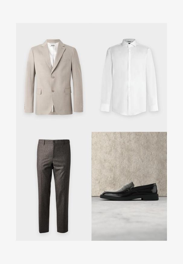Blazer beige con solapas con muesca, dos botones, bolsillo en el pecho y bolsillos de solapa. Hecho de tejido texturizado, con un forro blanco.; Camisa blanca de manga larga, con cuello puntiagudo y cierre frontal de botones sobre un fondo gris claro.; Pantalones marrones de espiga con un corte ajustado, que presentan un cierre delantero de botón y bolsillos laterales, elaborados en una tela texturizada con un ligero brillo.; Zapato loafer de cuero negro pulido flotando sobre una alfombra beige con muebles translúcidos naranjas de fondo.