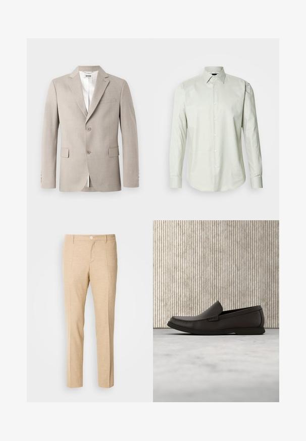 Blazer beige con solapas con muesca, dos botones, bolsillo en el pecho y bolsillos de solapa. Hecho de tejido texturizado, con un forro blanco.; Camisa de manga larga verde claro con cuello estructurado, textura lisa y tapeta frontal con botones blancos.; Pantalones beige a medida con una tela texturizada, diseño de pierna recta, pliegues frontales y un cierre de botón único en la cintura.; Mocasines de cuero marrón oscuro con punta redondeada, detalles de costura sutil y suela de goma baja. Textura suave con un ajuste flexible.