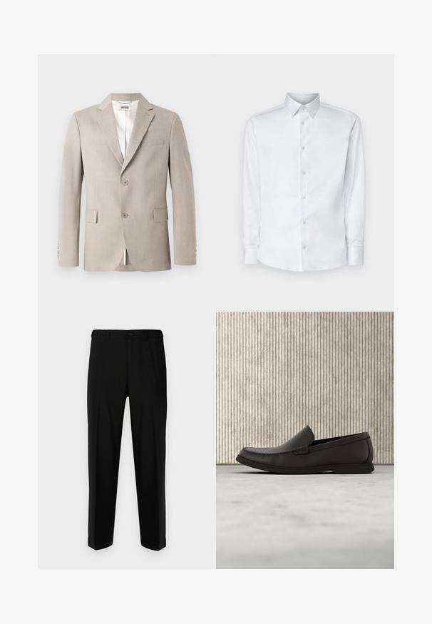 Beige Blazer mit Reverskragen, zwei Knöpfen, Brusttasche und Klapptaschen. Hergestellt aus strukturiertem Stoff und mit weißem Futter.; Weißes Langarmhemd aus glattem Stoff, mit klassischem Kragen, Knopfleiste und Manschetten mit Knöpfen, vor einem einfarbigen Hintergrund präsentiert.; Schwarze Hosen aus glattem Stoff, mit geradem Schnitt, zwei vorderen Taschen und einem Reißverschluss mit Knopfverschluss.; Dunkelbraune Lederloafer mit einer runden Zehenpartie, dezenten Nähdetails und einer niedrigen Gummisohle. Glatte Textur mit flexibler Passform.