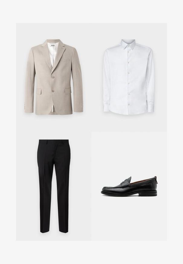 Beige blazer met notch-revers, twee knopen, een borstzak en klepzakken. Gemaakt van een gestructureerde stof, met een witte voering.; Witte lange mouw shirt gemaakt van gladde stof, met een klassieke kraag, knoopsluiting en manchetten met knopen, gepresenteerd tegen een effen achtergrond.; Zwarte op maat gemaakte broeken van een gladde stof, met een rechte pijp, verfijnde plooidetails en een klassieke tailleband met riemlussen.; Zwarte leren herensloffen met moc toe stiksel, pennyriem, gestructureerde kraag en lage gestapelde hak op witte achtergrond.