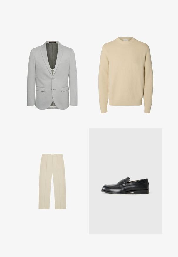 Blazer gris clair avec une fermeture à un bouton, des revers en pointe et deux poches avant. Tissu texturé et intérieur partiellement doublé.; Pull tricoté beige uni à col rond, manches longues avec poignets et bas côtelés.; Pantalon beige à jambes droites avec plis sur le devant, poches latérales, passants de ceinture et fermeture par bouton à la taille.; Mocassins en cuir noir avec un bout rond, des détails cousus et une semelle en caoutchouc plate. Présentent une large bande sur le cou-de-pied.