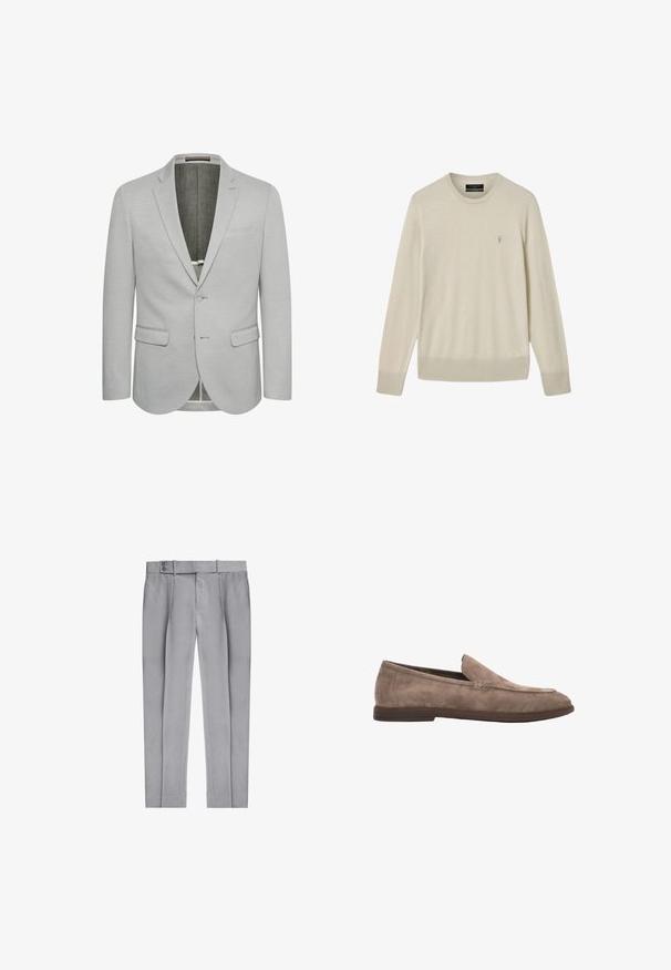 Lichtgrijze blazer met een enkele knoopsluiting, notch revers en twee voorzakken. Getextureerde stof en gedeeltelijk gevoerd interieur.; Beige trui met lange mouwen en ronde hals, met geribbelde manchetten en zoom, voorzien van een klein geborduurd logo op de linkerborst.; Lichtgrijze op maat gemaakte broeken met voorplooien, zijzakken, riemlussen en dubbele knoopsluiting bij de taille.; Beige suède herenschoen met lage platte donkerbruine zool en minimale stiksel details, getoond in zijaanzicht op een witte achtergrond.