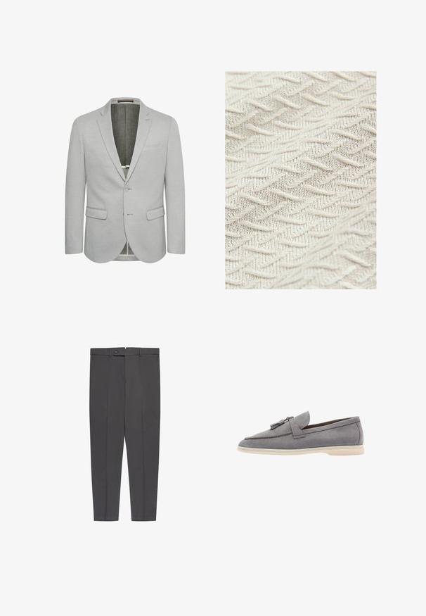 Blazer gris claro con cierre de un botón, solapas con muesca y dos bolsillos frontales. Tejido texturizado y forro interior parcialmente.; Tela texturizada de color crema, con un patrón de zigzag y hilos elevados para aportar profundidad y dimensión. Textura ligera y suave.; Pantalones a medida de color gris oscuro con cierre de botón, trabillas para cinturón, bolsillos laterales y corte ajustado.; Mocasines de ante gris con punta redonda, borlas decorativas y suela de goma crema en contraste. Diseño elegante con detalles de costura mínimos.