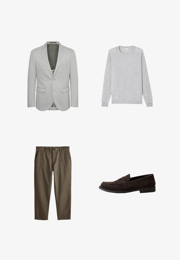 Heller grauer Blazer mit einem Knopfverschluss, Reverskragen und zwei Vordertaschen. Strukturierter Stoff und teilweise gefüttertes Innenfutter.; Hellgrauer Langarmpullover mit Rundhalsausschnitt, gerippten Bündchen und Saum, flach liegend auf weißem Hintergrund dargestellt.; Khaki-Chinos aus glattem Baumwollstoff, mit frontalen Taschen, Reißverschluss und Knopfverschluss. Gerader Schnitt mit schmalen Knöcheln.; Dunkelbrauner Wildleder-Herrenloafer mit niedrigem Absatz, Mokassinnaht und einem Riemen über dem Spann.