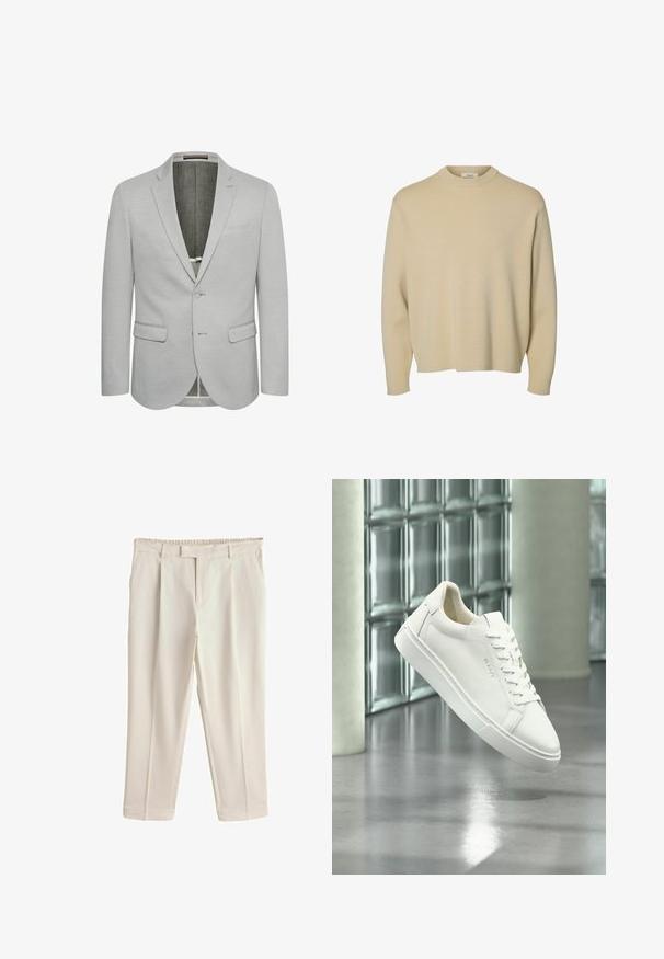Lichtgrijze blazer met een enkele knoopsluiting, notch revers en twee voorzakken. Getextureerde stof en gedeeltelijk gevoerd interieur.; Beige gebreide trui met een hoge hals, lange mouwen en een relaxte pasvorm. De stof lijkt zacht met een gladde textuur en zonder zichtbare patronen.; Beige broek met smalle pasvorm, met riemlussen, zijzakken en een ritssluiting aan de voorkant, op een witte achtergrond.; Witte lage sneaker met veters die zweeft boven een reflecterende betonnen vloer tegen een achtergrond van een glazen blokken muur.