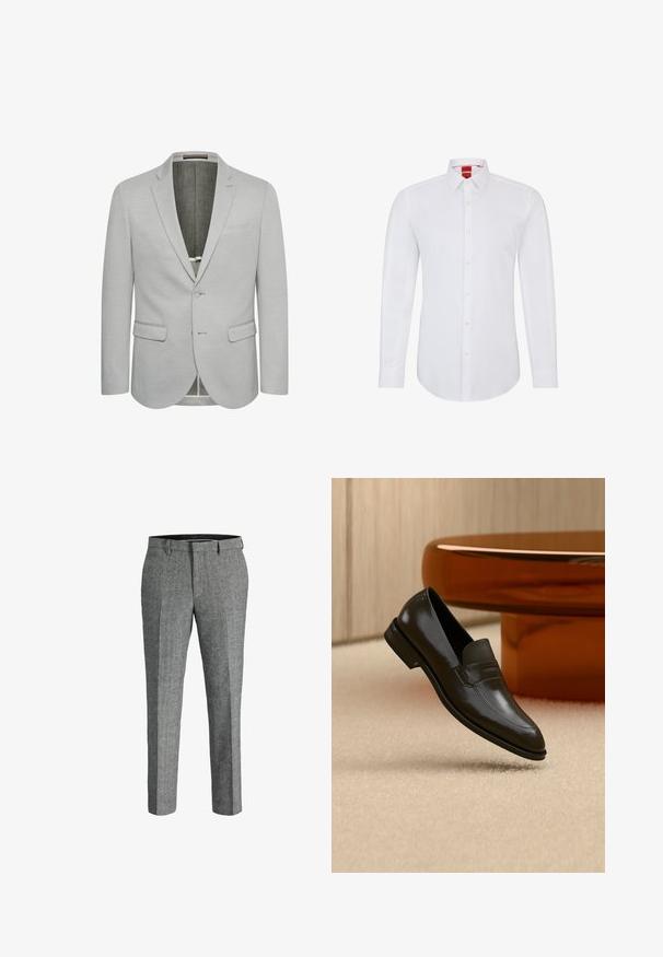 Heller grauer Blazer mit einem Knopfverschluss, Reverskragen und zwei Vordertaschen. Strukturierter Stoff und teilweise gefüttertes Innenfutter.; Weißes Langarmhemd mit Kragen, ausgestattet mit einer durchgehenden Knopfleiste und weichem, glattem Stoff. Keine Muster oder Akzente sichtbar.; Graue maßgeschneiderte Hosen aus einem strukturierten Stoff, mit flachem Frontdesign, zwei vorderen Taschen und einem glatten Bund.; Schwarzer Lederloafer mit elegantem Design, ausgestattet mit einem strukturierten Band und einer glatten Oberfläche. Vor einem weichen, hellen Hintergrund präsentiert.