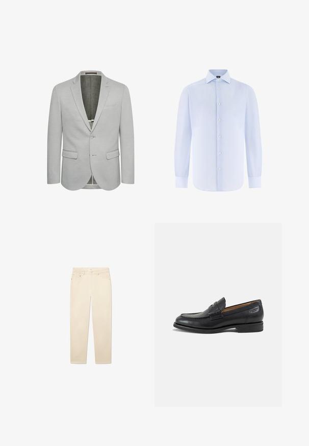 Lysegrå blazer med enkeltknaplukning, slagkraver og to frontlommer. Tekstureret stof og delvist foret indre.; Lyseblå langærmet herreskjorte med spids krave og hvide knapper foran.; Hvide beige denimjeans med lige ben, der har fem lommer, lukning med knap og lynlås samt diskrete syninger.; Sort læder herresko med syninger, lav stakket hæl og en smal rem over overdelen, vist fra siden på en hvid baggrund.