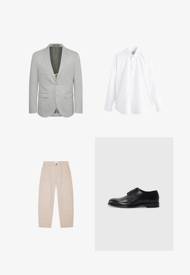 Lysegrå blazer med enkeltknaplukning, slagkraver og to frontlommer. Tekstureret stof og delvist foret indre.; Hvid langærmet herreskjorte med knapper, knaplukket krave og manchetter, vist på en helt hvid baggrund.; Beige løstsiddende bukser med frontknap og lynlås, sidelommer og bæltestropper, lagt fladt på en hvid baggrund.; Sorte læderherresko med rund tå, snørebåndsdesign, glat overflade og en lavprofil gummisål. Minimal syning detaljer.