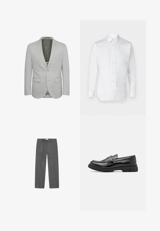 Lichtgrijze blazer met een enkele knoopsluiting, notch revers en twee voorzakken. Getextureerde stof en gedeeltelijk gevoerd interieur.; Witte overhemd met lange mouwen van soepel katoen, met een klassieke kraag en een subtiele glans. Vijf knopen aan de voorkant.; Grijze wollen broek van een wolmix met een rechte pijp, voorzien van een knoopsluiting en een nette vouw aan de voorkant. Glad textuur.; Zwarte leren instapper met een brede band over de voet, rubberen zool met dikke noppen en een gladde textuur. Klassiek, strak ontwerp.
