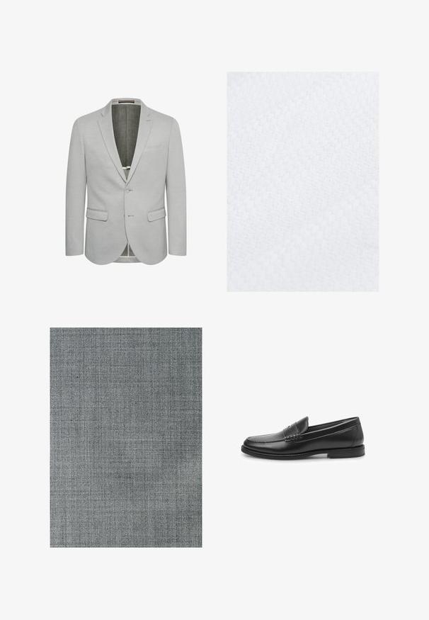 Blazer gris claro con cierre de un botón, solapas con muesca y dos bolsillos frontales. Tejido texturizado y forro interior parcialmente.; Primer plano de tela blanca con un patrón texturizado similar a una gofre y líneas diagonales que crean un diseño geométrico sutil.; Tela gris con un patrón tejido texturizado. La superficie es suave, con sutiles variaciones de tono y una fina estructura de cuadrícula.; Mocasín de cuero negro con acabado liso, detalles cosidos y punta redondeada. Suela plana con tracción mínima y diseño clásico.