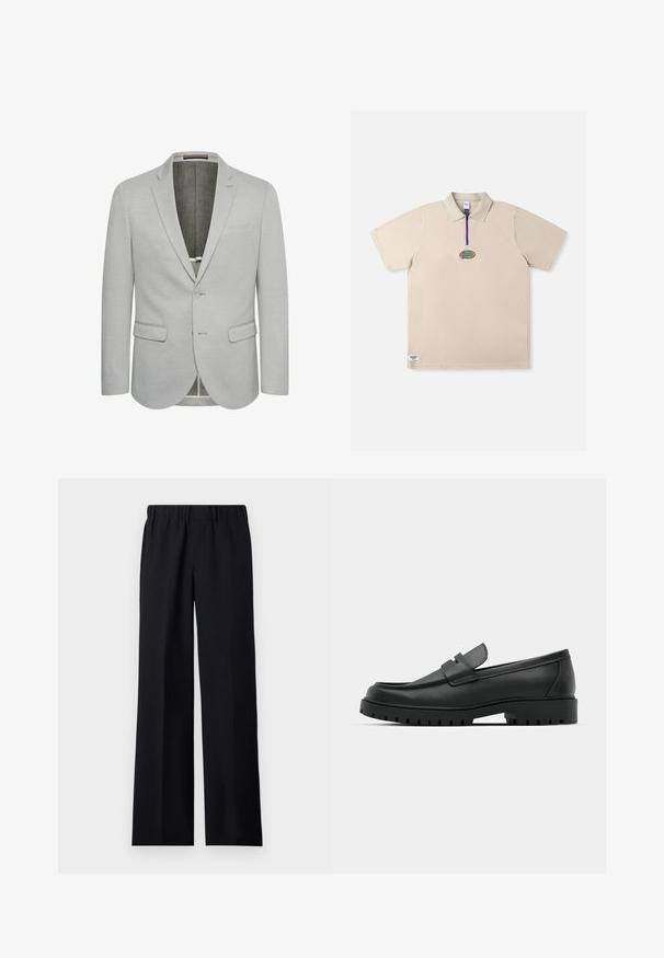 Lysegrå blazer med enkeltknaplukning, slagkraver og to frontlommer. Tekstureret stof og delvist foret indre.; Beige poloshirt med korte ærmer, lilla lynlås og broderet logo på brystet. Har en standard krave og et minimalistisk design.; sandro LARGE - Bukser - noir; Sorte læder loafers med rund tå, der har et syet design, lav platformssål og en struktureret, skridsikker gummisål.