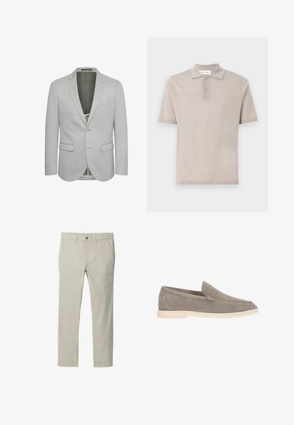 Lysegrå blazer med enkeltknaplukning, slagkraver og to frontlommer. Tekstureret stof og delvist foret indre.; Kortærmet polo-shirt i lys beige bomuld, med klassisk krave, to-knaps placket og en glat, struktureret finish.; Beige bukser med lige ben, bæltestropper, forreste knap, lynlås og sidelommer, vist på en hvid baggrund.; Grå ruskind slip-on sko med rund tå, minimal syning og en creme gummisål. Glat overflade med et lavprofil design.