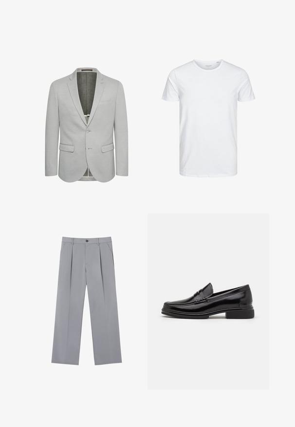 Lichtgrijze blazer met een enkele knoopsluiting, notch revers en twee voorzakken. Getextureerde stof en gedeeltelijk gevoerd interieur.; Ronde hals kortemouwen t-shirt in effen wit, gemaakt van zachte katoen, heeft een eenvoudig ontwerp zonder zichtbare patronen of accenten.; Grijze geplooide broeken met een ontspannen pasvorm, gemaakt van een lichte stof. Voorzien van voorzakken en een knoopsluiting in de taille.; Zwarte leren instappers met een afgeronde neus, voorzien van een gestikte detail over de wreef, en een lage blokhak. Glad textuur en glanzende afwerking.