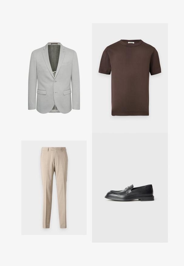 Heller grauer Blazer mit einem Knopfverschluss, Reverskragen und zwei Vordertaschen. Strukturierter Stoff und teilweise gefüttertes Innenfutter.; Braunes Strickshirt mit kurzen Ärmeln, Rundhalsausschnitt sowie geripptem Kragen und Bündchen, auf schlichtem hellgrauem Hintergrund dargestellt.; Beige, taillierte Hose aus leichtem Stoff, mit vorderen Falten, zwei seitlichen Taschen und einer glatten Textur.; Schwarze Lederloafer mit strukturierter Oberfläche, versehen mit einem dekorativen Frontriemen und einer abgerundeten Spitze. Gummisohle für Langlebigkeit.