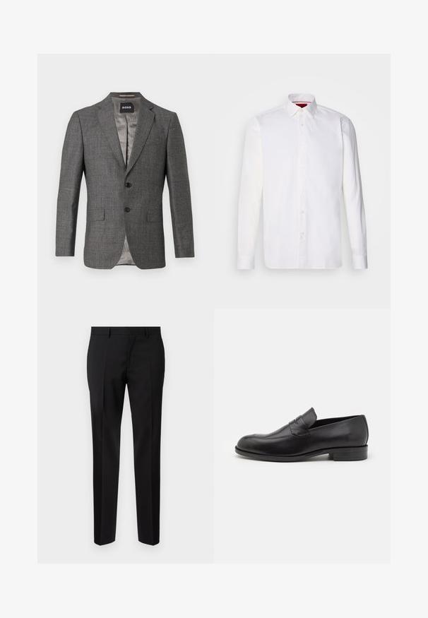 Blazer gris con un sutil patrón de espiga, cierre de dos botones, solapas de muesca y dos bolsillos frontales. Forrado con una tela de color gris claro.; Camisa blanca de manga larga hecha de algodón, con un collar clásico, placket frontal con botones y una textura suave. Detalle interior del collar en rojo.; Pantalones negros de corte ajustado, hechos de una tela suave, con pernera recta, detalles de pinzas refinadas y una cinturilla clásica con ojales para cinturón.; Mocasines de cuero negro con punta redondeada y detalles de costura sutiles. Textura suave y tacón bajo con marca en la parte trasera.