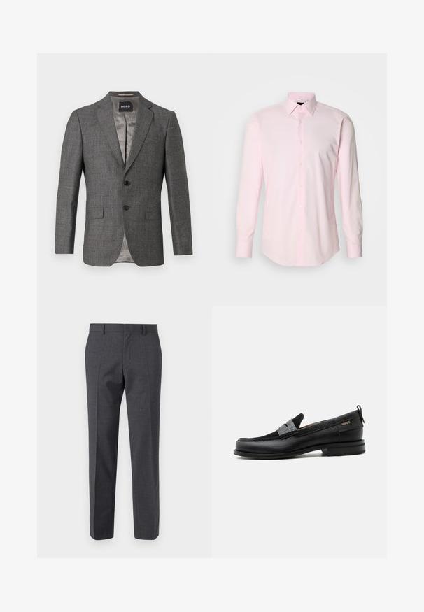 Blazer gris con un sutil patrón de espiga, cierre de dos botones, solapas de muesca y dos bolsillos frontales. Forrado con una tela de color gris claro.; Camisa rosa claro abotonada, de manga larga, con cuello clásico y tejido de algodón suave. Presenta botones de color claro a lo largo de la tapeta.; Pantalones gris ajustados con un acabado texturizado, con frente plano y diseño de pierna recta. Presenta bolsillos laterales y presillas para cinturón.; Mocasín de cuero negro con detalle de tira gris, tacón bajo y suela texturizada, con la marca "HUGO" en oro en el lateral.