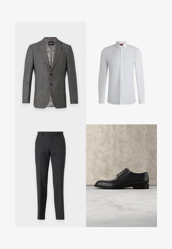 Blazer gris avec un motif hachuré subtil, fermeture à deux boutons, revers crantés, et deux poches avant. Doublé d'un tissu gris clair.; Chemise blanche à manches longues avec un col boutonné, présentant une texture lisse, une coupe droite et un détail subtil le long de la patte de boutonnage.; Pantalons taillés gris foncé avec une coupe droite, dotés de poches latérales et d'une texture subtile. Les fermetures comprennent une fermeture éclair et des passants de ceinture.; Chaussure de ville en cuir noir avec un bout arrondi, texture lisse, coutures minimales et une semelle plate avec un branding discret au niveau du talon.