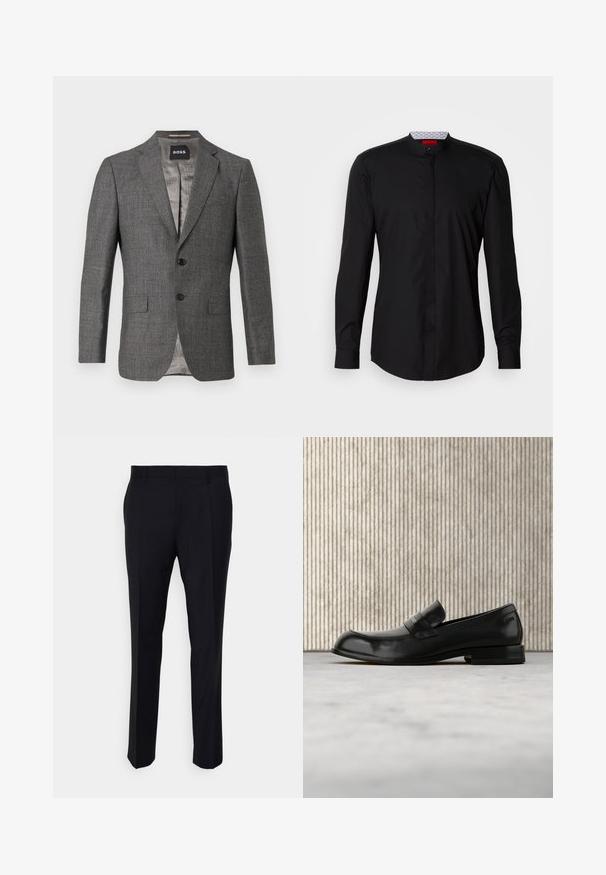 Blazer gris avec un motif hachuré subtil, fermeture à deux boutons, revers crantés, et deux poches avant. Doublé d'un tissu gris clair.; Chemise noire à manches longues avec col mandarin, confectionnée dans un tissu lisse, dotée d'une patte de boutonnage à l'avant et de détails de design subtils.; Pantalon noir en tissu tissé, à coupe ajustée, avec un devant plat, des poches latérales et une coupe droite.; Mocassin en cuir noir avec un accent métallique, présenté en lévitation au-dessus d'un tapis beige, avec une table ronde de couleur ambre en arrière-plan.