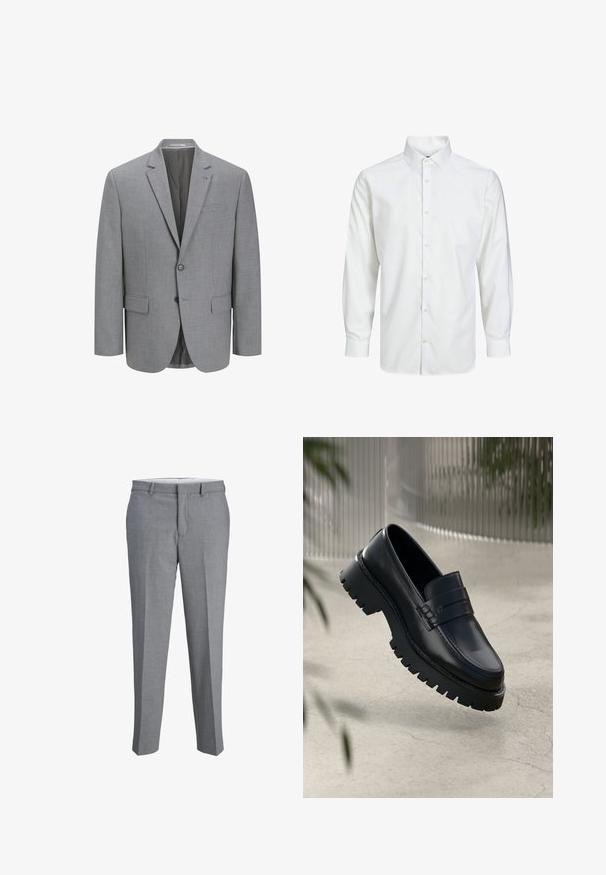 Grå blazer lavet af tekstureret stof, to-knaps lukning, klapkrave, enkelt brystlomme og to sidelommer. For med foer.; Hvid skjorte med lange ærmer, knaplukning, spids krave og knapper ved manchetterne, vist på en ensfarvet hvid baggrund.; Grå skræddersyede bukser med en glat overflade, lige ben-design og flad front. Inkluderer bæltesløjfer og en skjult lynlås.; Sorte læder loafers med en chunky sål, der har en dekorativ rem og syninger. Glat tekstur med en poleret overflade.