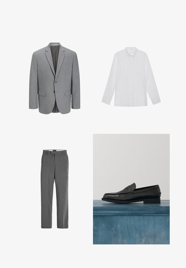 Grå blazer lavet af tekstureret stof, to-knaps lukning, klapkrave, enkelt brystlomme og to sidelommer. For med foer.; Hvid langærmet skjorte lavet af glat stof, med spidse krave, frontknaplukning og enknapsmanchetter.; Grå bukser med en glat tekstur, lige ben-design og subtilt lodret mønster. Har remsløjfer samt for- og baglommer.; Sorte læderloafers med et slankt design, der har syning ved tåen og en glat finish. Skoen har en lav hæl og minimal udsmykning.