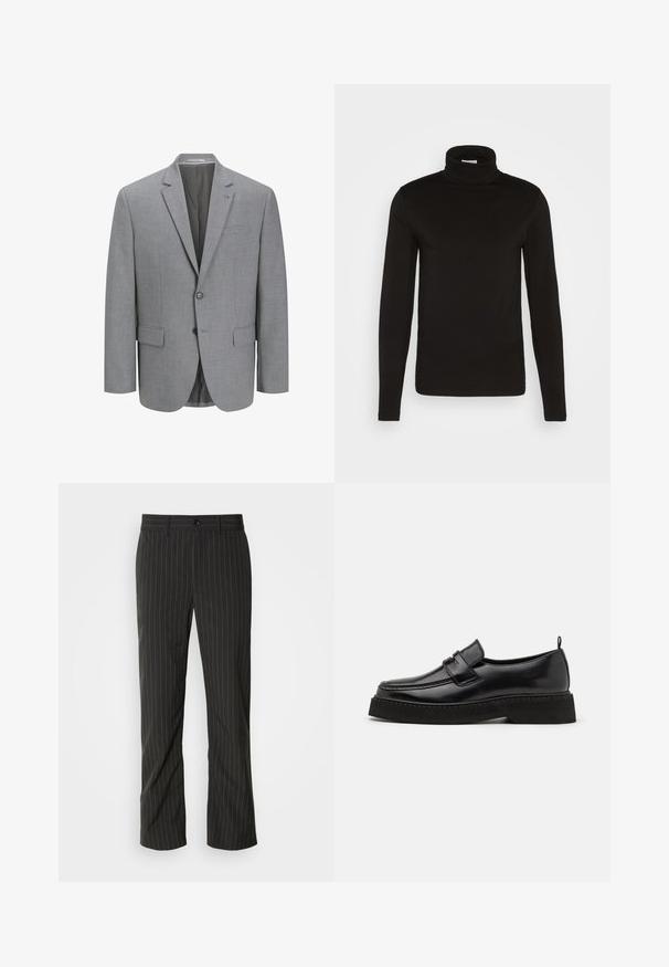 Grå blazer lavet af tekstureret stof, to-knaps lukning, klapkrave, enkelt brystlomme og to sidelommer. For med foer.; Sort turtleneck langærmet skjorte lavet af et glat stof med en tætsiddende design og en høj, tætsiddende krave. Ingen mønstre eller accenter synlige.; Sorte skræddersyede bukser med lige snit. Har en glat tekstur, frontlukning med knap og bæltestropper.; Sorte læder loafersko i stil med flad, tekstureret sål, med en syet tå og en rem over vristen.