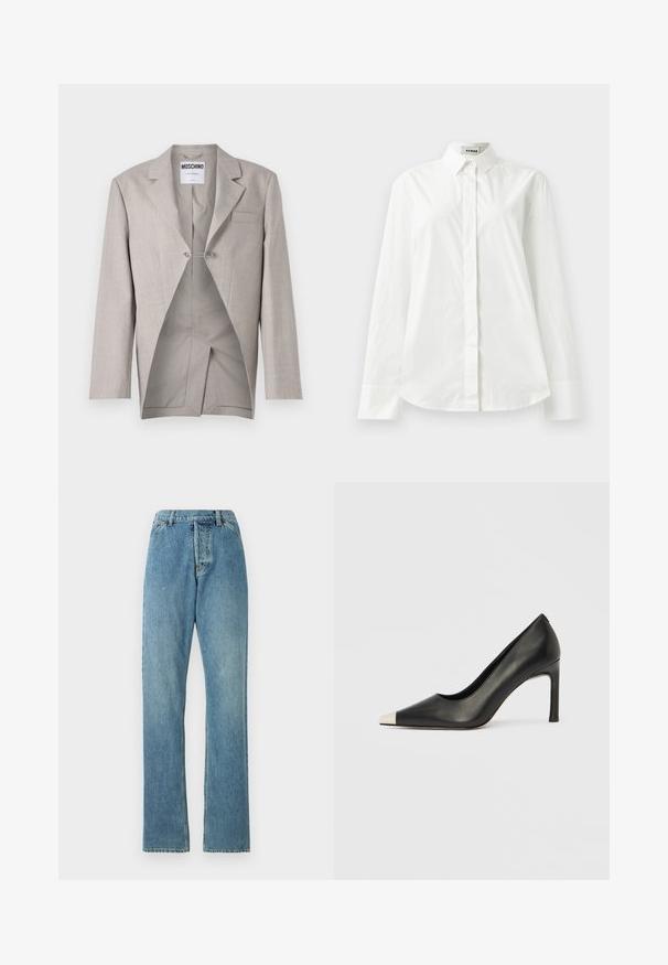 Blazer gris clair avec une finition texturée, présentant une poche poitrine unique et un intérieur visible avec une coupe originale et un détail de fermoir en argent.; Chemise blanche en coton à manches longues avec un col pointu, fermeture à boutons sur le devant et ourlet arrondi. Texture lisse, coupe régulière et sans motifs.; Jean en denim bleu clair avec une coupe droite, style cinq poches et taille visible. La texture est légèrement usée mais intacte.; Chaussure à talon haut en cuir noir avec bout pointu et capuchon argenté métallique. Présente une finition lisse et un talon fin de 10 cm.