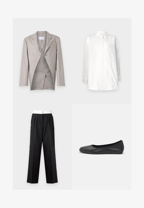 Blazer gris clair avec une finition texturée, présentant une poche poitrine unique et un intérieur visible avec une coupe originale et un détail de fermoir en argent.; Chemise blanche à manches longues en coton, avec un col classique, une fermeture à boutons sur le devant et des détails de pintucks verticaux sur le buste.; Pantalons plissés noirs avec une large ceinture blanche, présentant une coupe droite et une texture lisse pour un look structuré.; Ballerines en cuir noir avec un bout rond, texture lisse, détails de couture minimalistes et design de semelle flexible.