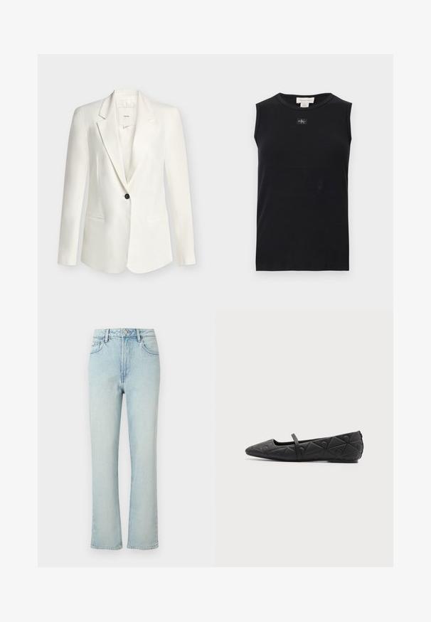 Blazer blanc à un bouton avec des revers à crans et deux poches avant, exposé sur un fond clair uni.; Débardeur côtelé noir sans manches avec encolure ronde et petite écusson du logo Calvin Klein centré sous le col.; Jean bleu clair taille haute à jambes droites avec bouton avant, passants de ceinture et design classique à cinq poches sur fond uni.; Chaussure plate noire à bout pointu avec motifs géométriques matelassés et une fine bride sur le cou-de-pied sur fond uni.