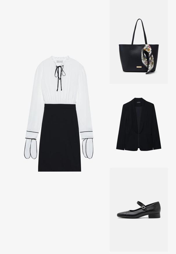 Blazer negro con solapa de pico, cierre de un botón, dos bolsillos frontales y una tela suave y texturizada. Sin patrones ni adornos visibles.; Blusa blanca con escote fruncido y cordón; falda negra ajustada con ribetes blancos en las mangas. Textura de tejido suave.; Zapatos Mary Jane de cuero negro con puntera de charol, correa de tobillo ajustable y tacón bajo. Textura suave y diseño elegante.; Bolso de tote de cuero negro con dos asas, decorado con una bufanda de seda floral atada en el asa y un acento metálico con el logotipo en el frente.