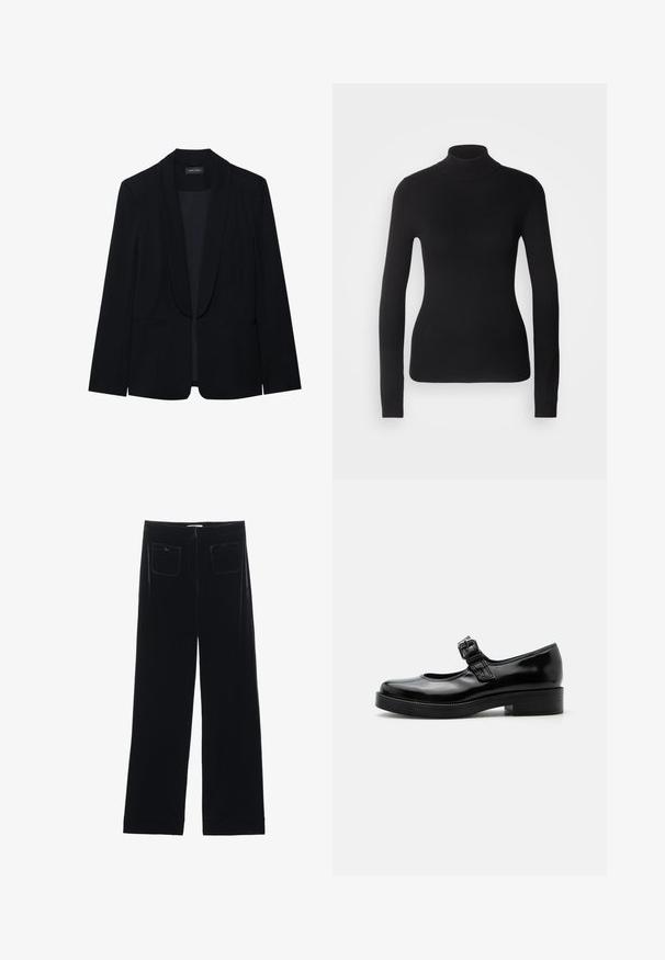 Blazer negro con solapa de pico, cierre de un botón, dos bolsillos frontales y una tela suave y texturizada. Sin patrones ni adornos visibles.; Suéter negro de cuello alto hecho de un tejido de punto ligero. Presenta mangas largas, un diseño ajustado y una suave textura acanalada.; Pantalones de terciopelo negro de pierna ancha con dos bolsillos traseros y una textura suave, con un corte recto y un acabado dobladillo en los tobillos.; Zapato Mary Jane de charol negro con punta redondeada, tacón bajo de bloque y una correa ajustable con hebilla sobre el empeine.