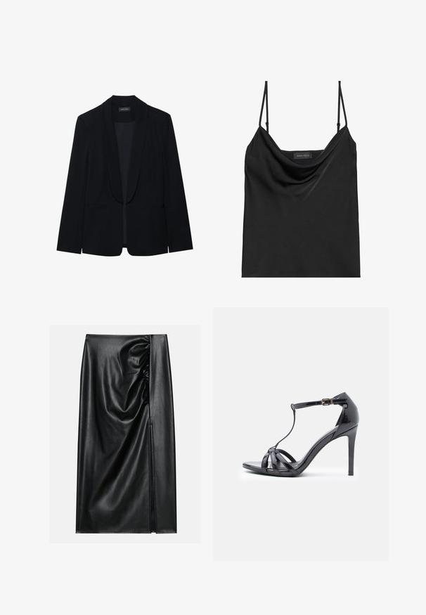 Blazer noir avec un revers en pointe, fermeture à un bouton, deux poches avant et un tissu lisse et texturé. Sans motifs ni embellissements visibles.; Camisole noir avec un décolleté en cowl et des bretelles fines et ajustables. Caractérisé par un tissu lisse, une coupe décontractée et un design simple sans embellissements.; Jupe en cuir noir avec une texture lisse, présentant une section froncée sur un côté et une fente sur le côté pour un détail supplémentaire.; Sandale à talons hauts en cuir verni noir avec des fines lanières, design en T, fermeture à boucle et silhouette élégante et courbée.