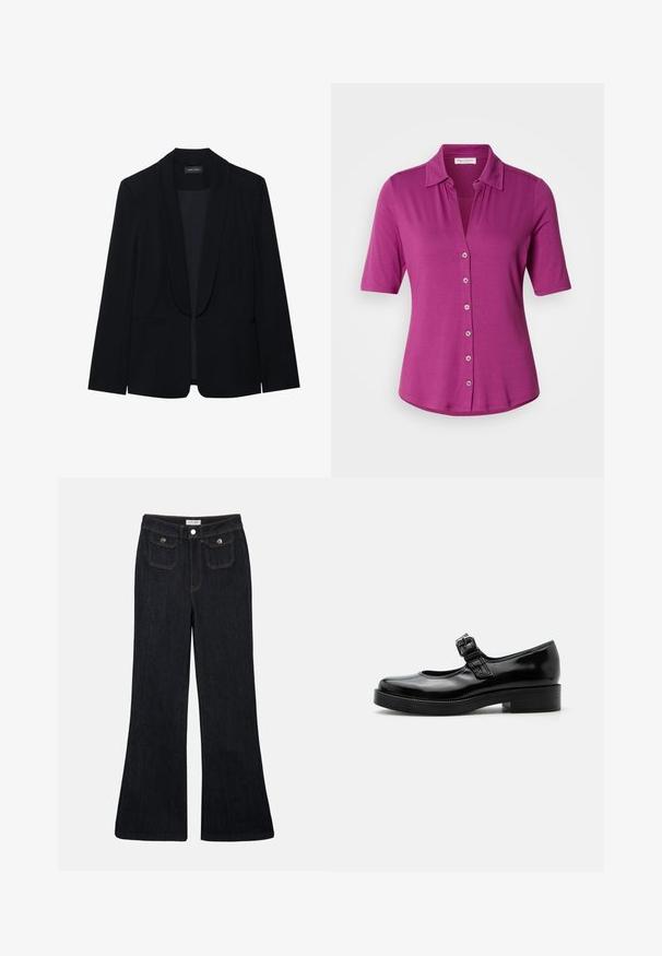 Zwarte blazer met een piekrevers, enkele knoopsluiting, twee cargopockets en een gladde, gestructureerde stof. Geen zichtbare patronen of versieringen.; Fuchsia shirt met korte mouwen en een kraag, met een knoopsluiting aan de voorkant en een soepele, lichte textuur.; Flared donkerdenim jeans met een hoge taille, twee voorzakken en oranje stiksels. Het materiaal lijkt stevig en glad.; Zwarte lakleren Mary Jane-schoen met een ronde neus, lage blokhak en een verstelbare gespsluiting over de wreef.